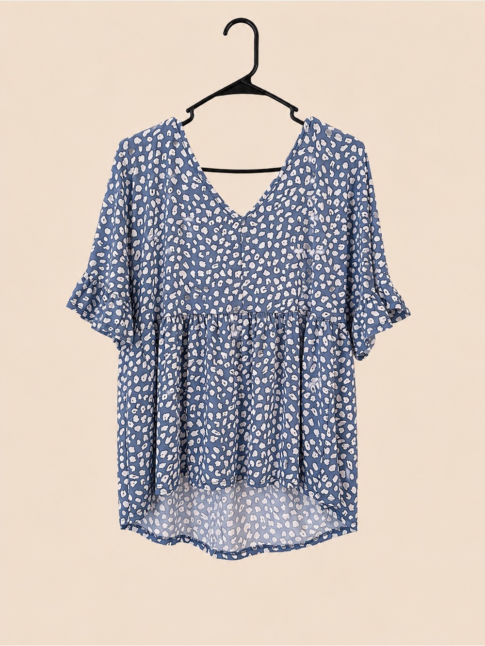 Blue Printed V-Neck Peplum Blouse